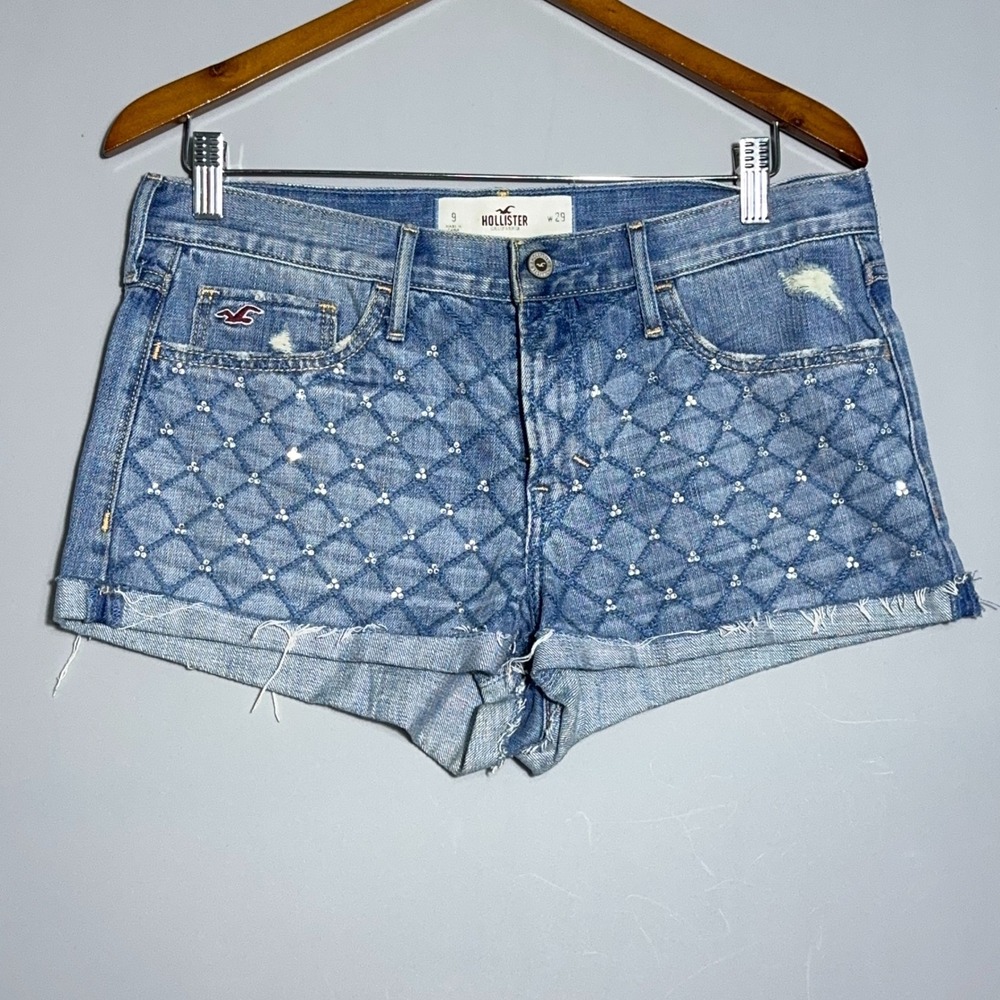 Hollister Low Rise Mini Micro Denim Booty Shorts Womens Size 9 Rhinestone Y2K
